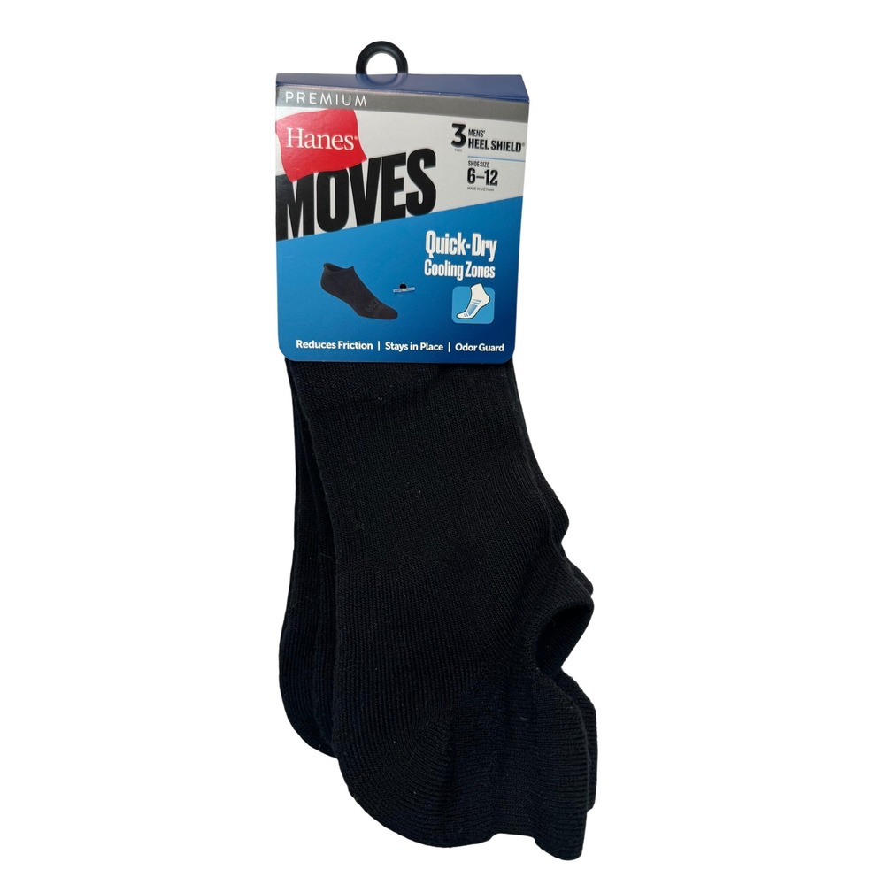 Hanes Moves Premium Mens Heel Shield Socks 3 Pair Black Shoe Size 6-12
